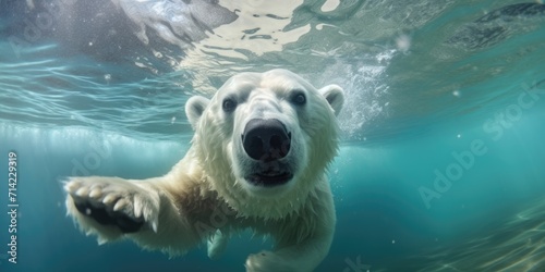 Polar bear close-up underwater. World Oceans Day