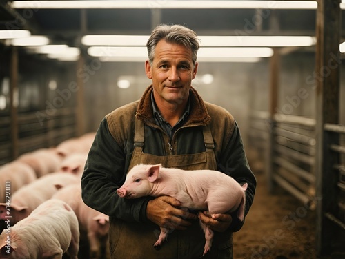 a german middle-aged farmer  man holding a piglet next Suckling Sow in Farrowing Pen at Modern Pig Farm photo