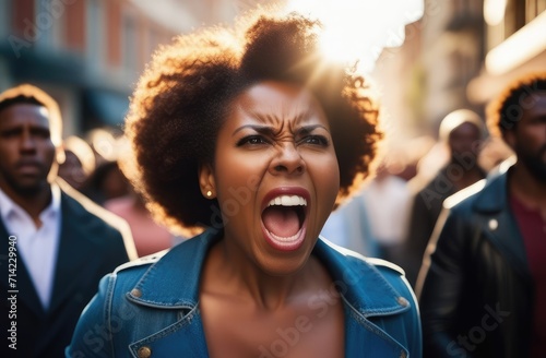 angry black woman screaming on street. female activist struggling against rights violation.