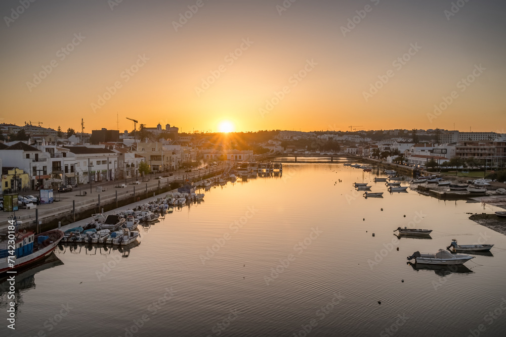 Picturesque Portuguese Tavira town at sunset, Portugal.