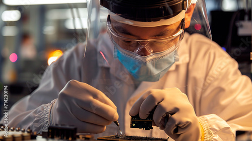 a man in protective glasses, mask and gloves soldering a computer microchip at a factory.