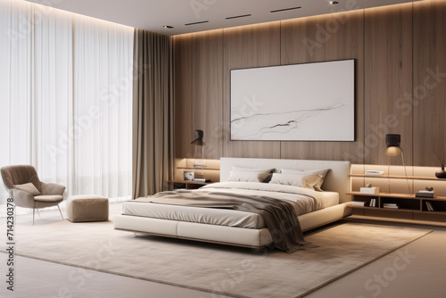 Photo of linen color minimal bedroom interior design with modern bed and decoration © LFK