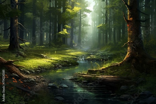 Peaceful forest landscape with lush trees and serene atmosphere. Generative AI