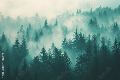 Foggy landscape with fir forest in retro vintage hipster style  nature concept