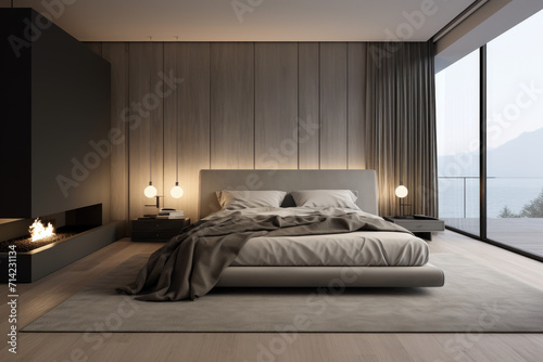 Photo of modern minimal bedroom interior with bed and decoration in brown tones