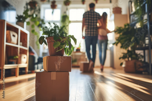 Young couple moving in a new house. Living room apartment interior with cardboard boxes and potted plants. Rental market concept photo