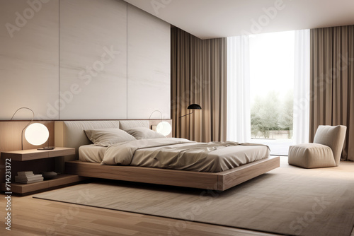 Photo of modern minimal beige bedroom interior with bed and decoration