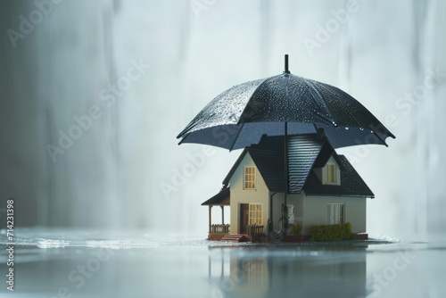 House model standing under umbrella in mud during heavy rain. House insurance and real estate protection concept photo