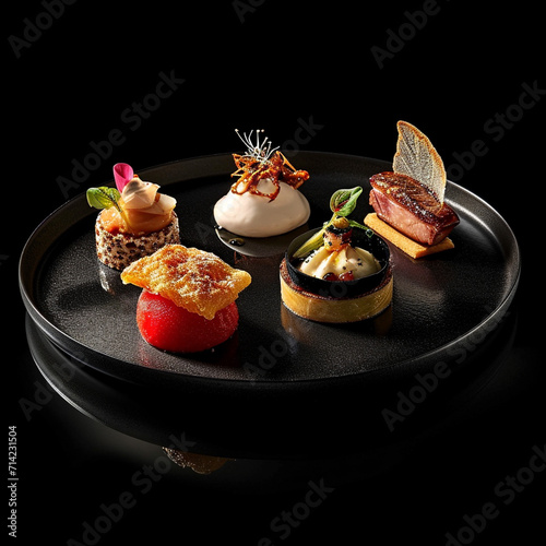 Creative Michelin-starred dishes that use different ingredients, very creative shapes, Unusual presentation, beautiful soft background. French style.