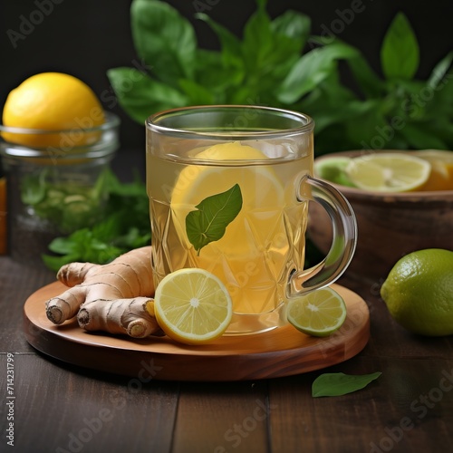 Invigorating glass cup of ginger-lemon infused tea with a touch of honey on a natural wooden table