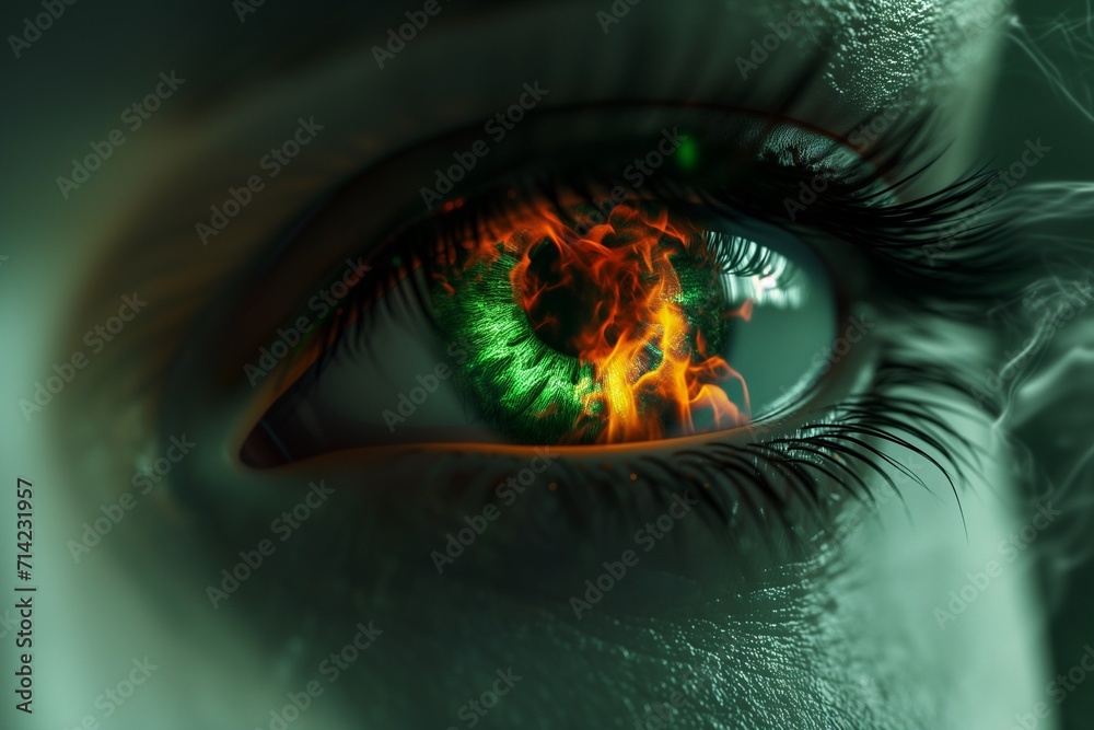 Woman's green eye in the dark. Fire. Piercing eyes. Burning demonic