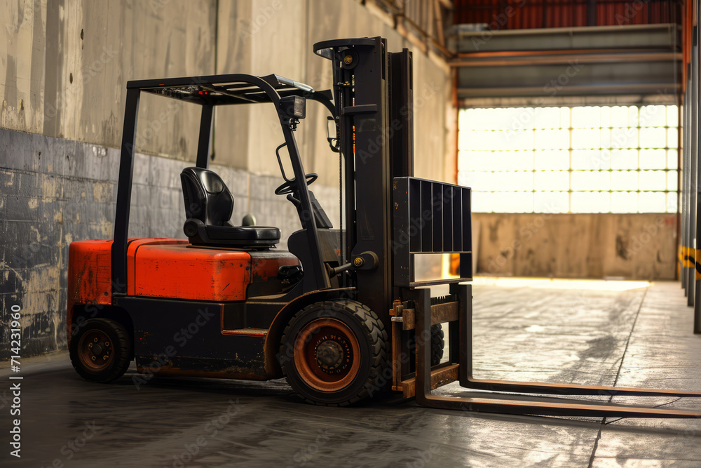Forklift working in warehouse. Electric loader for loading goods