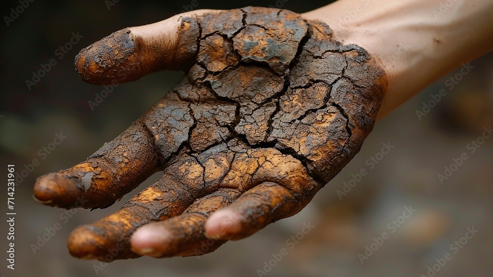 A hand with cracked skin, illustrating extreme dryness, generative ai A hand with cracked skin, illustrating extreme dryness, generative ai