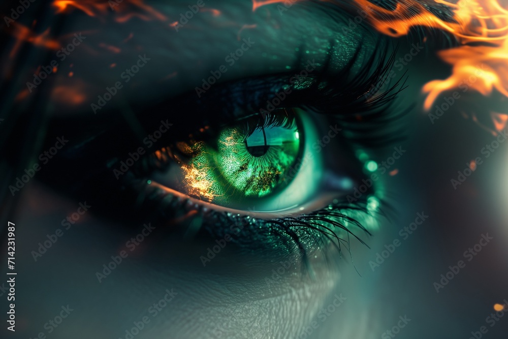 Woman's green eye in the dark. Fire. Piercing eyes. Burning demonic