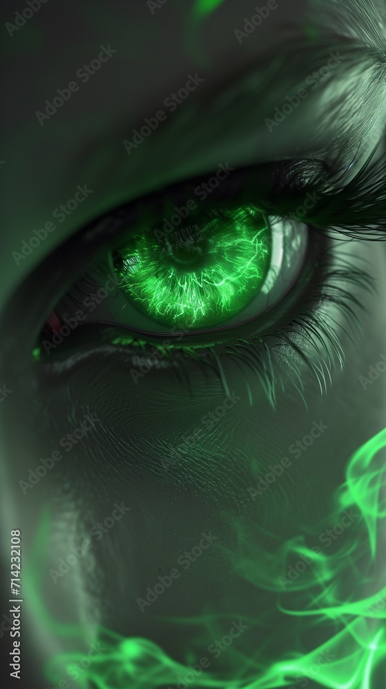 Woman's green eye in the dark. Fire. Piercing eyes. Burning demonic