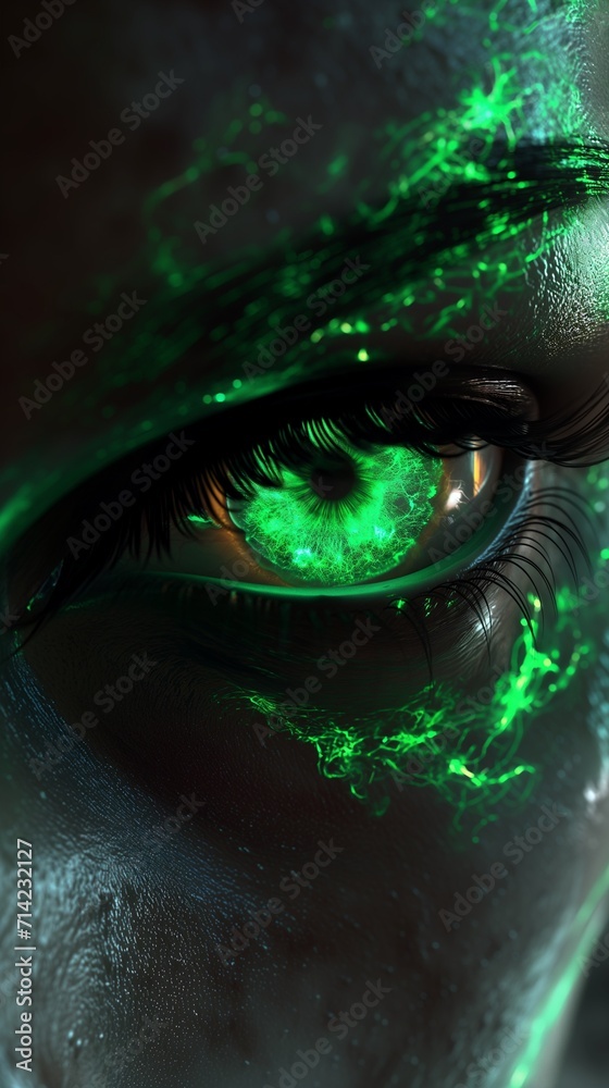 Woman's green eye in the dark. Fire. Piercing eyes. Burning demonic