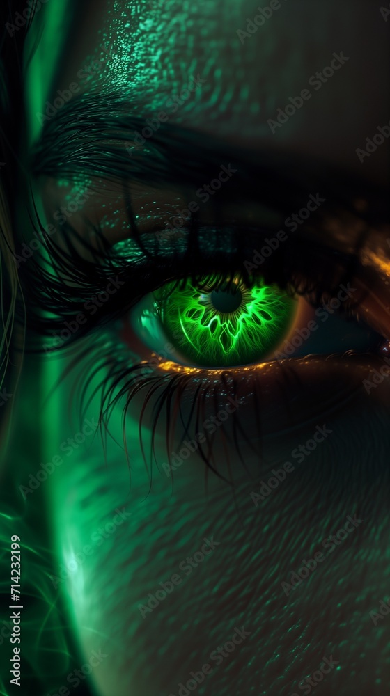 Woman's green eye in the dark. Fire. Piercing eyes. Burning demonic eyes. Fiery Mysterious ...