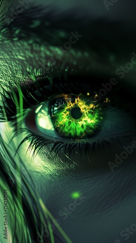 Woman's green eye in the dark. Fire. Piercing eyes. Burning demonic eyes. Fiery Mysterious. Magic, secrecy, mysticism, visual effect. Hypnosis, power of sight. Look. Close up. Copy space. Game art