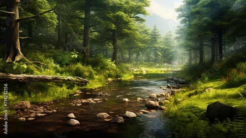 An idyllic forest glade with a meandering stream, allowing for text overlay against the tranquil and picturesque natural scene. - Generative AI