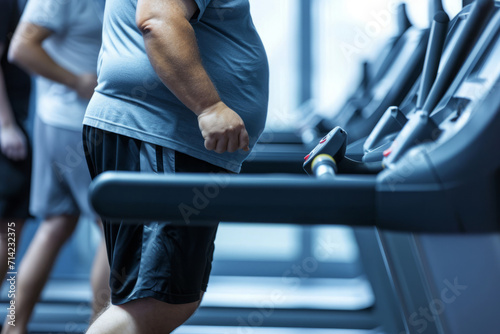 Overweight man runs on treadmill in gym. Cardio exercises for burning calories. Sport training for weight loss