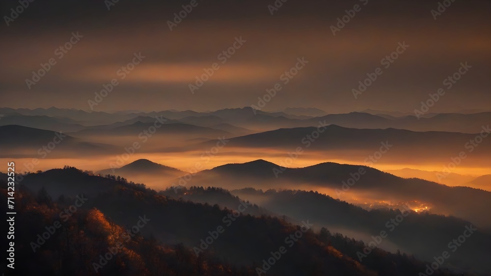 Mountain landscape with fog at sunrise