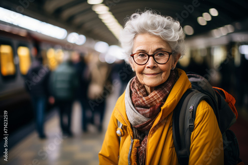 Portrait of happy senior woman at railway station. Aged female passenger travelling