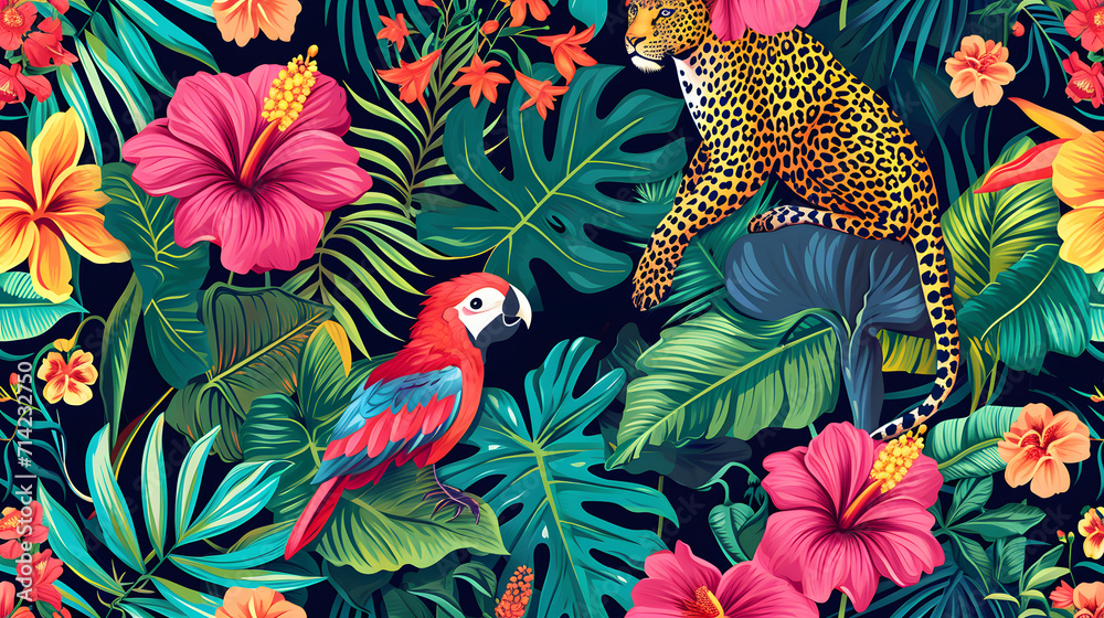 An exotic and vibrant illustration of a jungle scene with a leopard and parrot amidst tropical flora. An exotic and vibrant illustration of a jungle scene with a leopard and parrot amidst tropical flora.