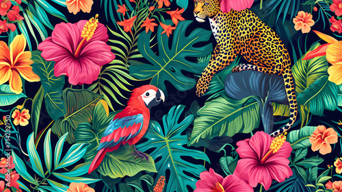 An exotic and vibrant illustration of a jungle scene with a leopard and parrot amidst tropical flora. © Ammar_53