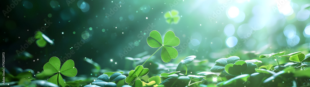 Naklejka premium happy new year banner with four-leaf clover as a lucky charm on blurred background