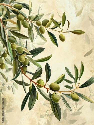 A painting of olives on a branch with leaves, monochromatic green and yellow background