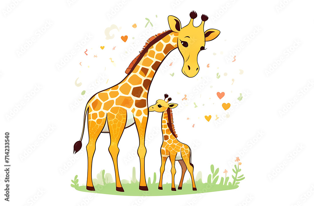 Fototapeta premium mother giraffe and baby giraffe together in a clearing