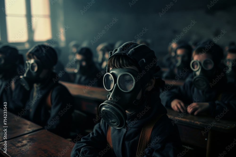 students with sovietic gas mask sitting at classroom desks
students with sovietic gas mask sitting at classroom desks
