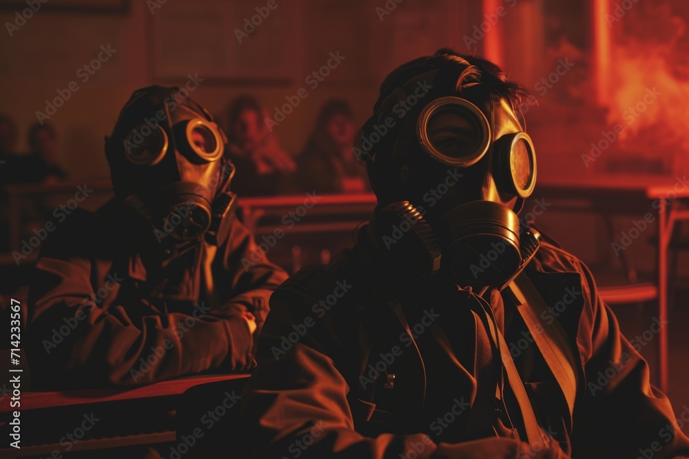 students with sovietic gas mask sitting at classroom desks
students with sovietic gas mask sitting at classroom desks