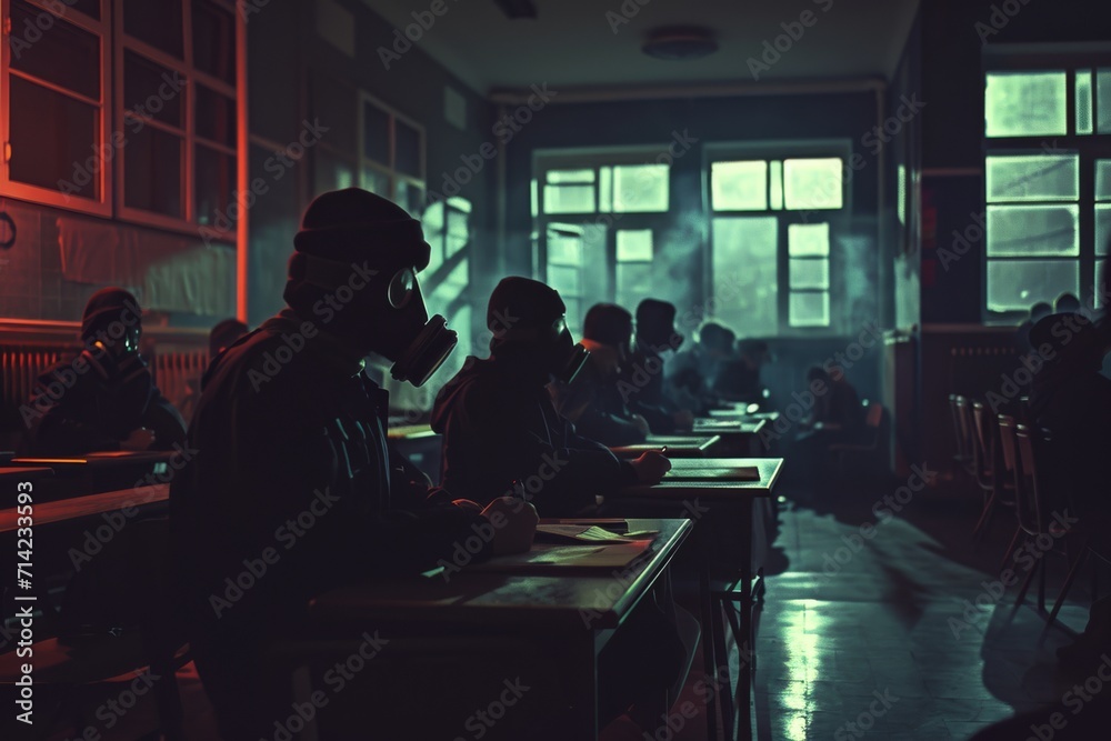 students with sovietic gas mask sitting at classroom desks
students with sovietic gas mask sitting at classroom desks