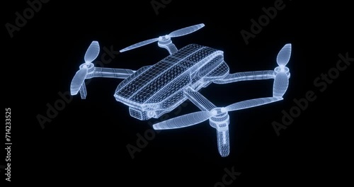 Motion rotation animation Drawing of a quadcopter drone in the form blue of a wireframe of polygons on a black isolated background, 3D render.