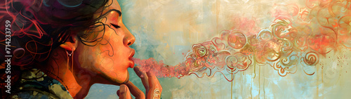 Painting Depicting a Woman Smoking a Cigarette in Simple Style