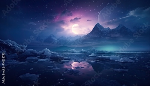 View of night sky with multicolored aurora borealis and snowy mountains peak background. Night glows in vibrant aurora reflection on the lake with forest. 