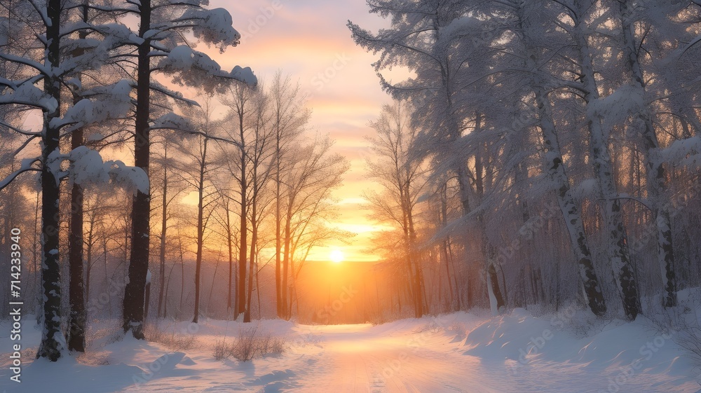 Beautiful winter sunset in the snowy forest. Beautiful winter landscape. - obrazy, fototapety, plakaty 