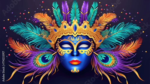 A colorful mask with feathers on a black background, Mardi Gras mask with colorful feathers.