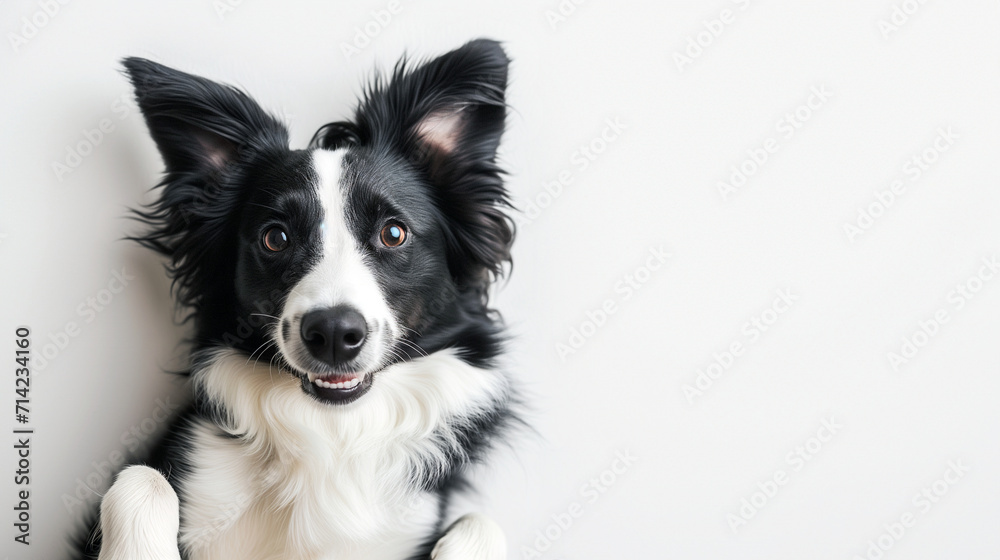 Happy border collie Australian shepherd dog laying on a white floor, black and white dog, looking at camera, shot from above, room for type, pet care, animal companionship, veterinary concepts
