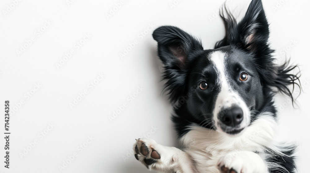 Happy border collie dog, laying on white floor, playful Australian shepherd dog looking at camera, shot from above, room for type, dog breeds, pet care, animal companionship, and veterinary concepts