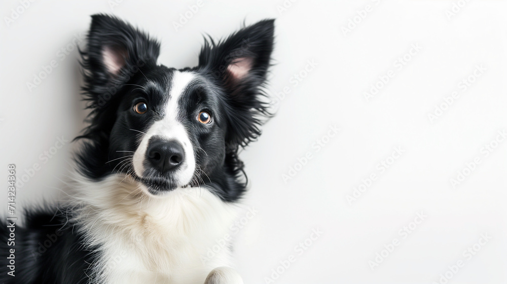 Playful border collie dog laying on white floor with ears up, Australian shepherd dog looking at camera, shot from above, room for type, pets, pet care, animal companionship, and veterinary concepts, Playful border collie dog laying on white floor with ears up, Australian shepherd dog looking at camera, shot from above, room for type, pets, pet care, animal companionship, and veterinary concepts,