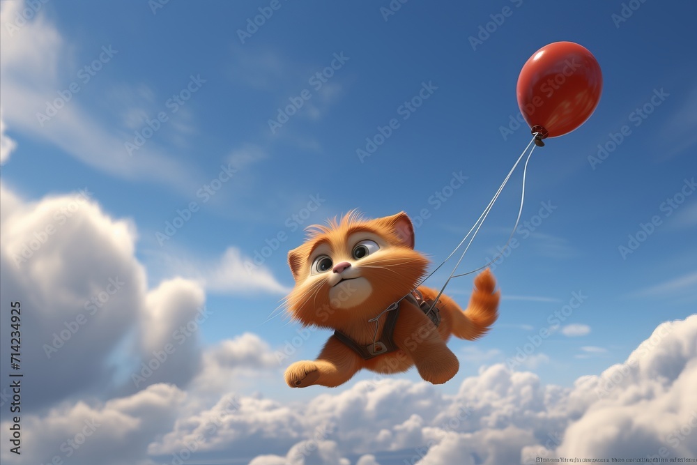 Playful and funny 3d red cat holding balloon, flying in the sky with geometric forms - close up art - obrazy, fototapety, plakaty 