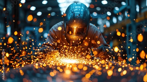Skilled Welder in Action: Focused on Precision Welding with Sparks Flying in Industrial Workshop