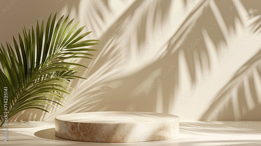 Empty round podium, Mockup. Beige background for product presentation with shadow of tropical palm leaves. Empty round podium, Mockup. Beige background for product presentation with shadow of tropical palm leaves.