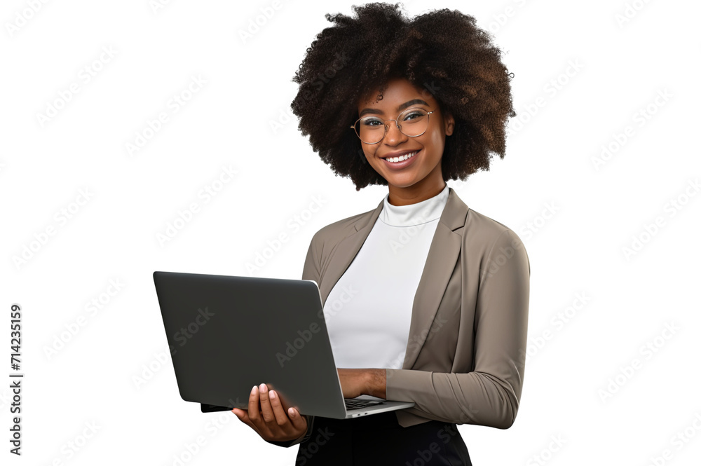 Black woman holding a computer while looking into camera and smiling isolated on transparent background PNG Black woman holding a computer while looking into camera and smiling isolated on transparent background PNG