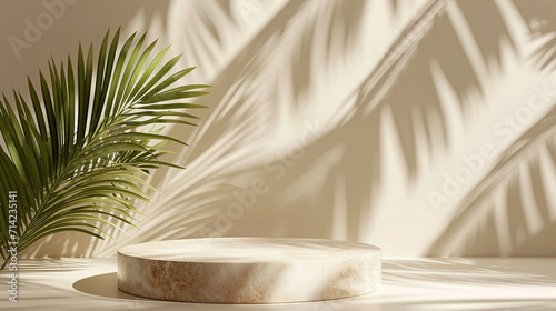 Empty round podium, Mockup. Beige background for product presentation with shadow of tropical palm leaves. © Ilya