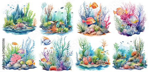 Set of watercolor underwater world Sticker, Clipart, PNG, generated ai
