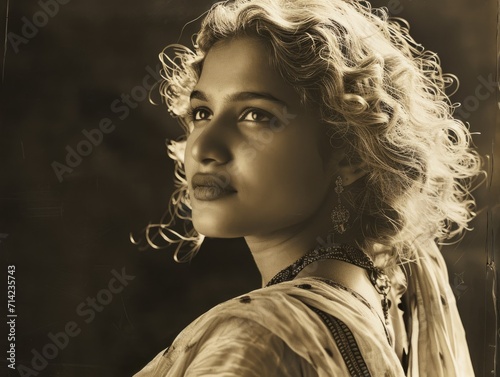 Photorealistic Adult Indian Woman with Blond Curly Hair vintage Illustration. Portrait of a person in World War II era aesthetics. Historic movie style Ai Generated Horizontal Illustration.