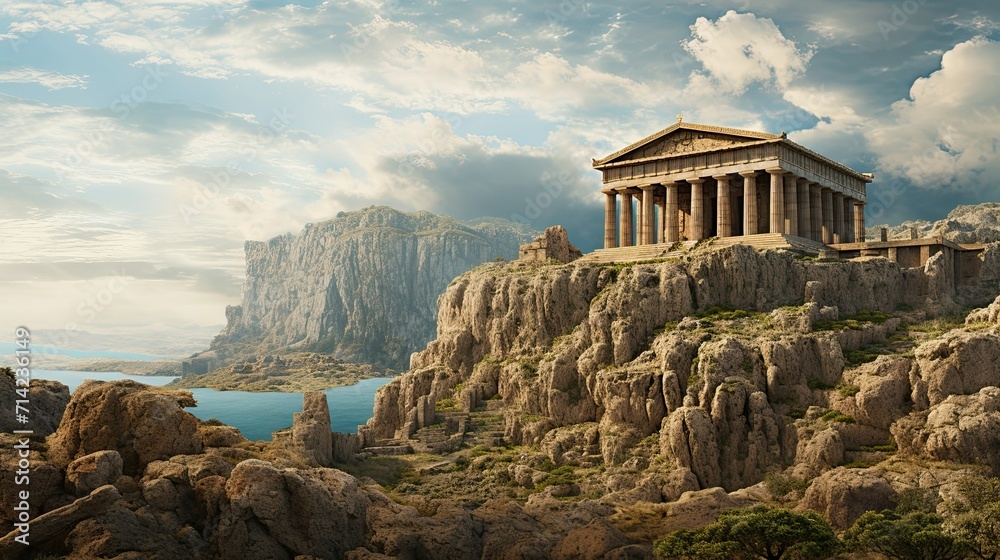 Ancient ruins on rock by sea. Greek or Roman city on a Mediterranean landscape.